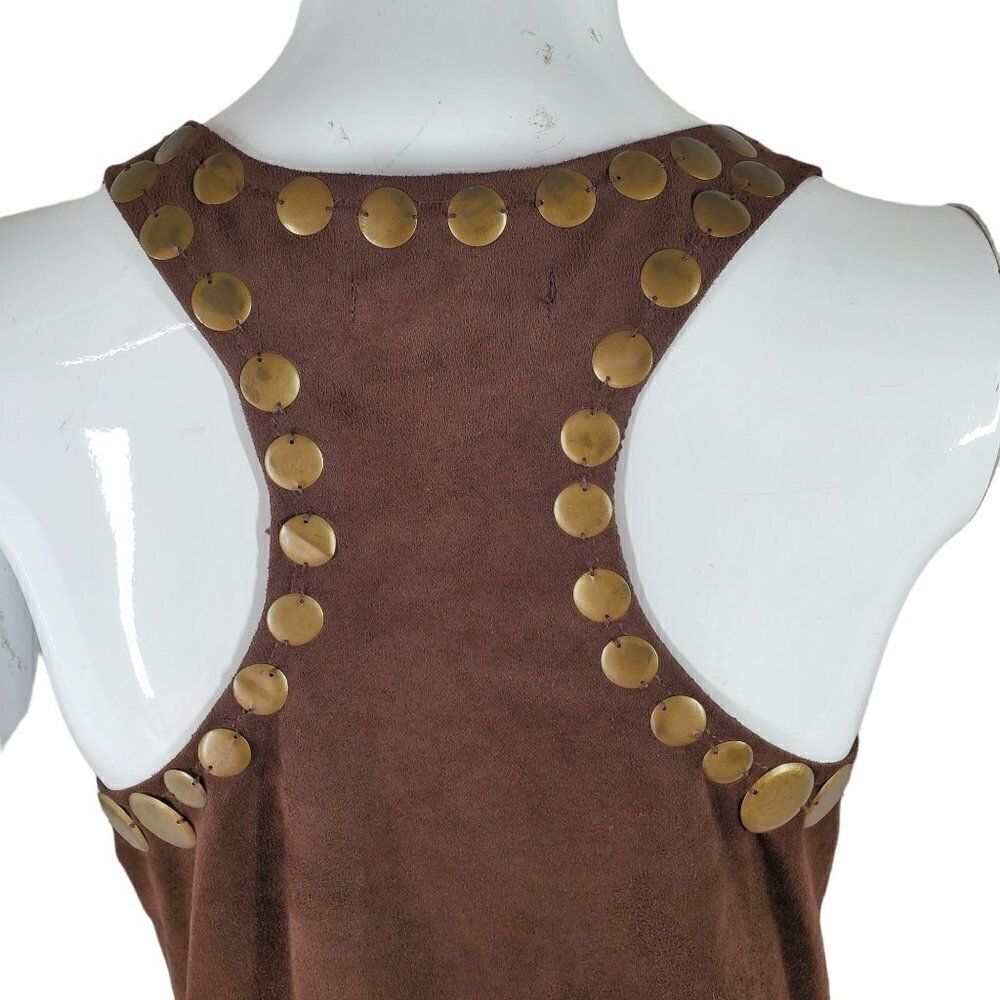 Retro Metal Embellished T Back Tunic Top Brown Microfiber Lee and Joe Womens Med